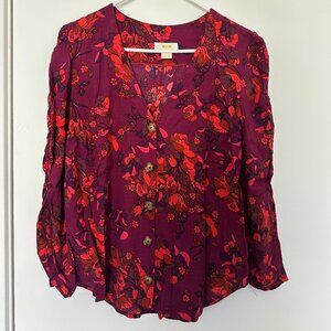 Anthropologie Maeve Jourdain Floral Blouse Shirt Women Med Purple Ruched Sleeve